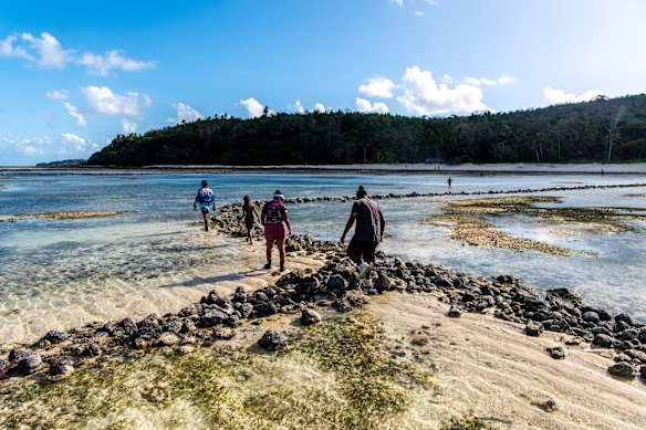 Collecting clam and spider shell with the Mabo family at Las Beach. Sia (fish traps)