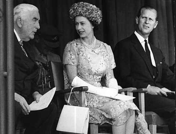 On tour in Australia in 1963, the Queen and Prince Philip sit with Sir Robert Menzies.