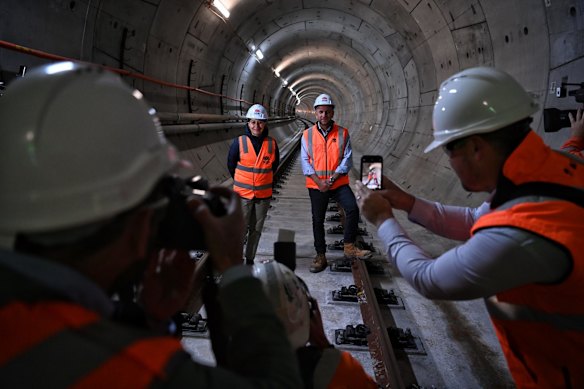 Premier Gladys Berejiklian and Transport Minister Andrew Constance inside the new cross harbour metro tunnel between Blues Point and Barangaroo. June 17, 2021.