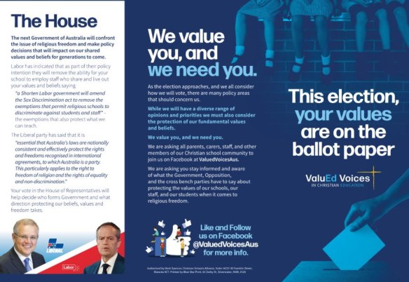 The federal election is described on the flyer as being "the most critical for religious freedom in living memory".