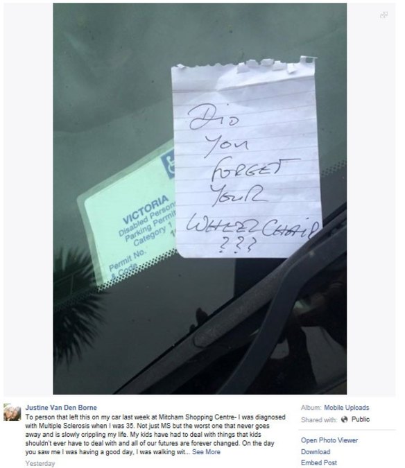This note was left on Justine Van Der Borne's windscreen after she parked. 
