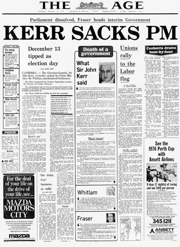 Front page of The Age from 1975  - Kerr Sacks PM.
