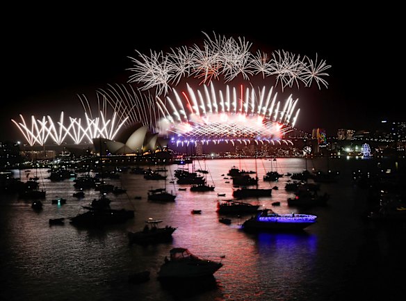 The midnight New Year's Eve fireworks over Sydney Harbour, viewed from Mrs Macquaries Point.
