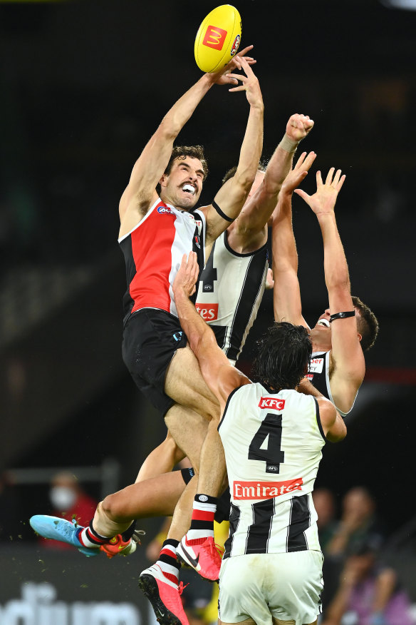 Max King leaps for a mark for the Saints.
