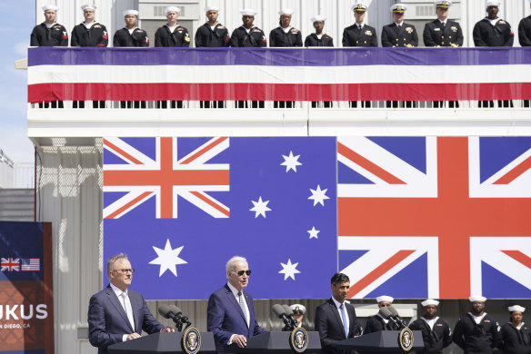 Prime Minister Anthony Albanese, US President Joe Biden and Britain’s Prime Minister Rishi Sunak at Point Loma naval base in San Diego, US, on Monday (US time).