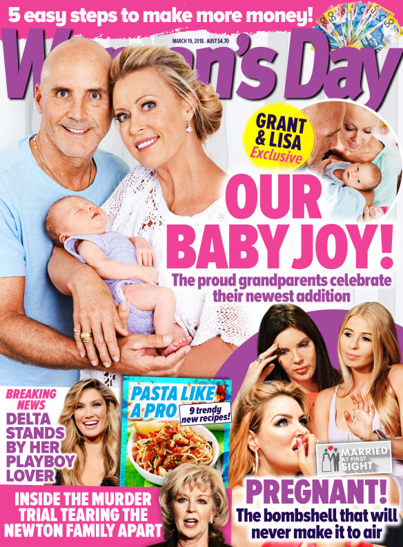 Grant Kenny and Lisa Curry with their grandson Flynn, happy to appear on the cover of Woman's Day in March.
