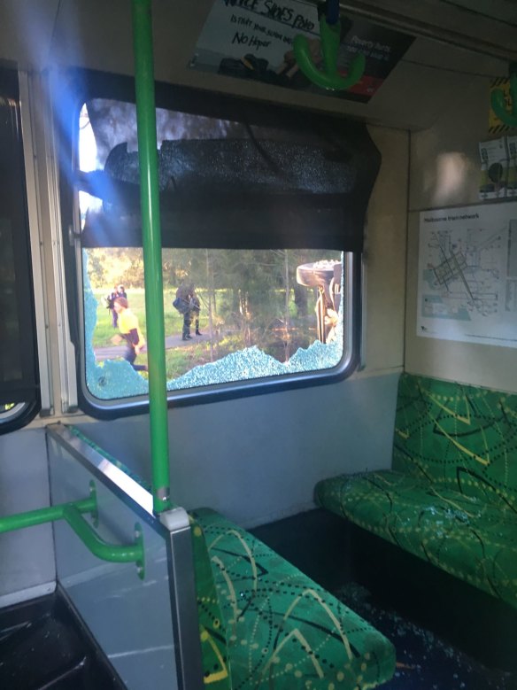 Pictures from inside the tram show the broken windows. Photo: Sam Hodgson