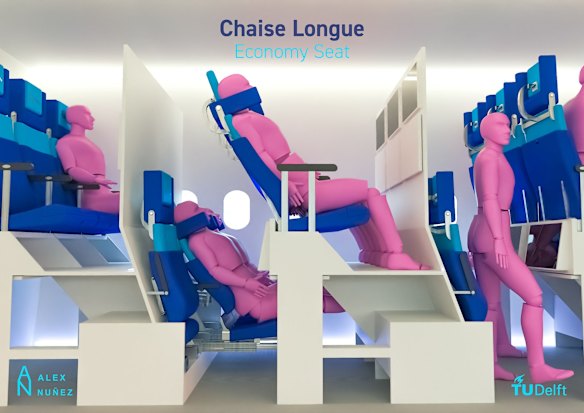 Alejandro Nuñez Vicente, a design engineer at Delft University of Technology in the Netherlands, has come up with the "Chaise Lounge Economy seat" concept, where seat rows are alternately raised and lowered, creating more space for passengers.