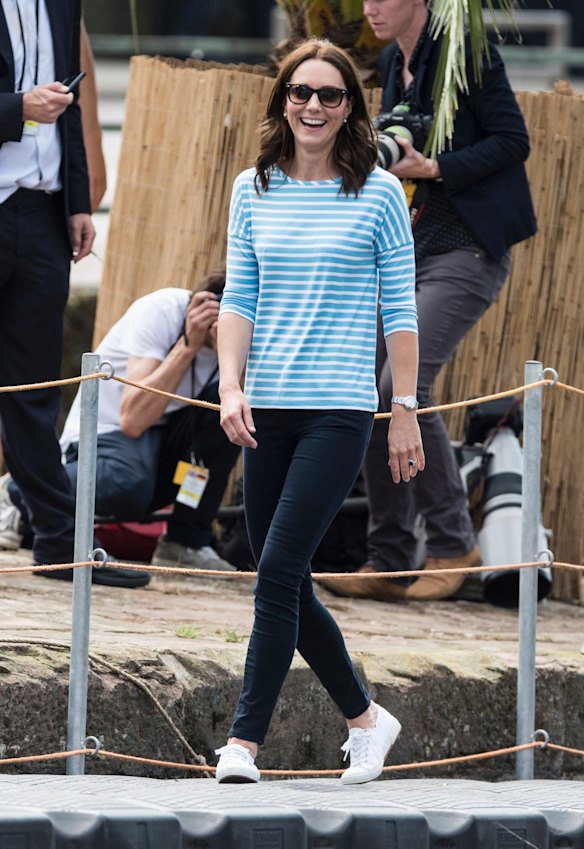 July 20- Ready to race in a rowing regatta, the royal opted for casual chic, wearing skinny jeans, a striped top and a pair of Superga trainers. She kept her Oscar de la Renta earrings in.