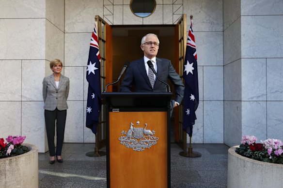 Prime Minister Malcolm Turnbull announced his new ministry with Julie Bishop at Parliament House in Canberra.