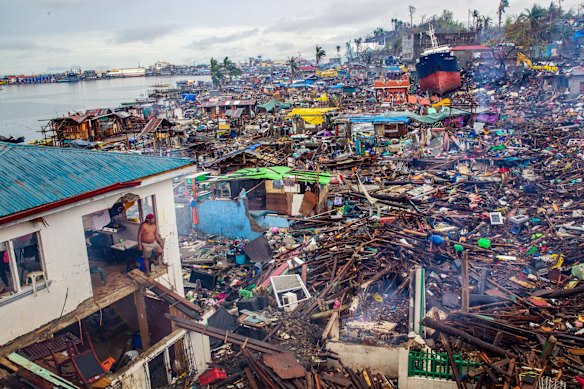 Tacloban in the Philippines was devastated by typhoon Haiyan. Typhoon Haiyan, known as typhoon Yolanda in the Philippines, was an exceptionally powerful tropical cyclone that devastated portions of Southeast Asia, particularly the Philippines. 22nd November 2013. 