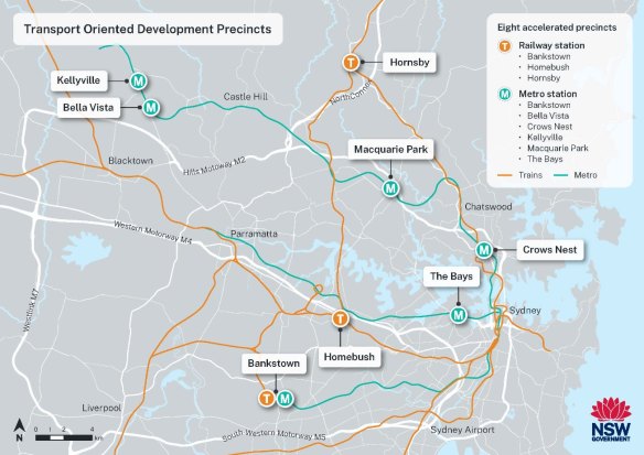 A map of the right priority precincts for transit-oriented development around Metro and heavy rail stations, including the Metro West line.