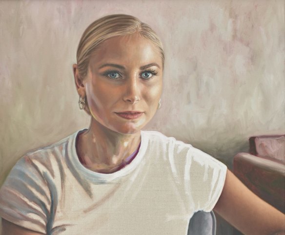 Kirsty Neilson, 'Making noise'. Oil on linen, 50.1 x 60.1 cm. © the artist. Sitter: Grace Tame.