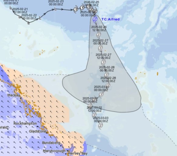 One possible trajectory of Tropical Cyclone Alfred, according to the Bureau of Meteorology.