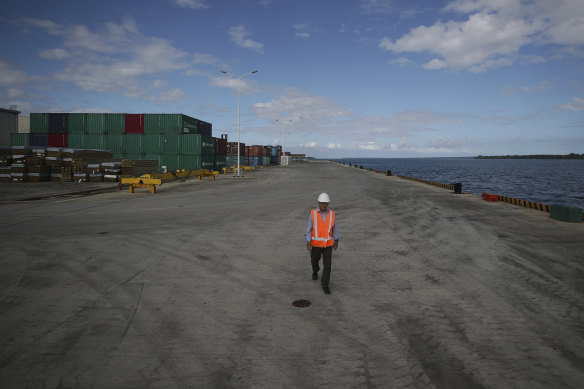 Phillip Ryan, the chief executive officer of Northern Island stevedoring company, at the new wharf in Luganville .