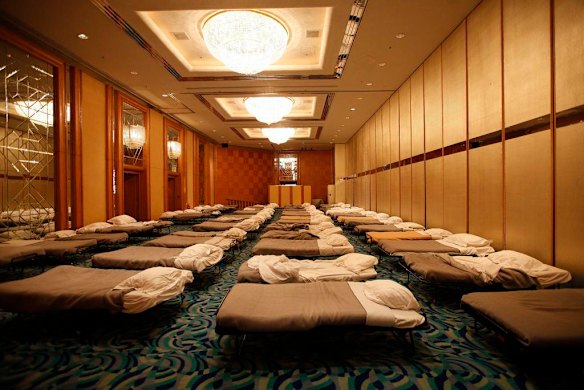 Beds are prepared for stranded Qantas Airlines passengers inside the ballroom of Regal Airport Hotel in Hong Kong October 30, 2011. Photo by Reuters