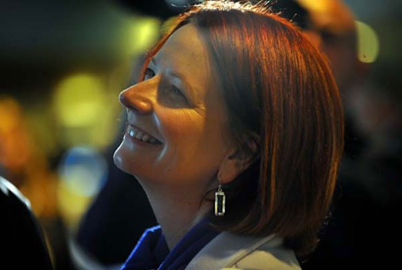 Prime Minister Julia Gillard at the Bulldogs v Nth Melbourne game today.