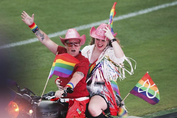 Dykes on bikes gesture during celebrations at the 2022 Mardi Gras parade at the Sydney Cricket Ground. 