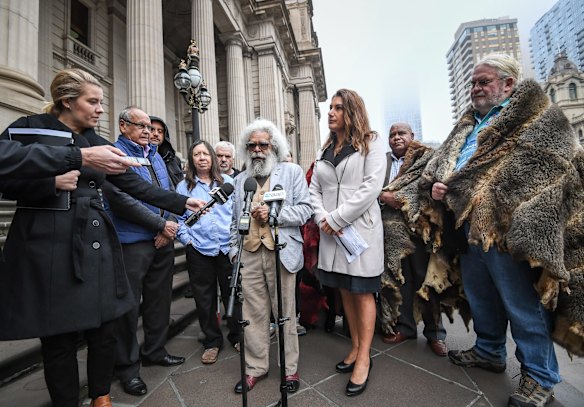 Uncle Jack Charles spoke at a gathering of Victorian Aboriginal clan elders who met at Parliament House to provide guidance and claim their seat at the table of the state goverment's Treaty process.