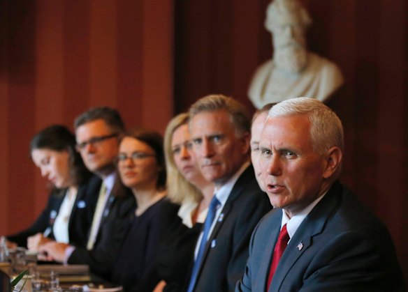 U.S. Vice President Mike Pence, right, speaks during talks with Australia's Prime Minister Malcolm Turnbull at Admiralty House in Sydney.