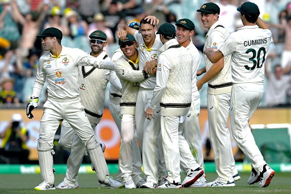 Scott Boland of Australia celebrates after dismissing Jack Leach of England.