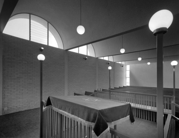 The Bondi synagogue designed by Harry Seidler with its distinctive barrel vaulted roof.