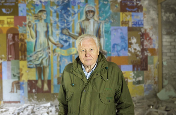 Sir David Attenborough in Chernobyl, Ukraine, filming his Netflix special.