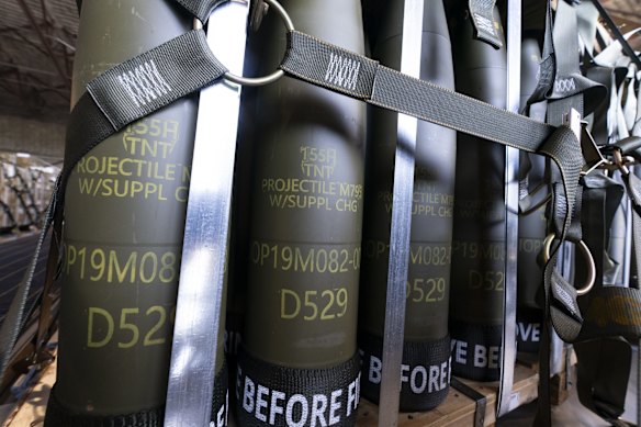 Pallets of 155mm shells bound for Ukraine are loaded by the 436th Aerial Port Squadron at Dover Air Force Base in Delaware, US. 