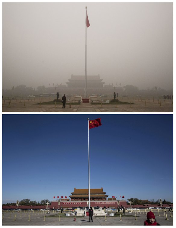 Tiananmen Square is seen in heavy pollution, top, on December 1 and 24 hours later under a clear sky on December 2.