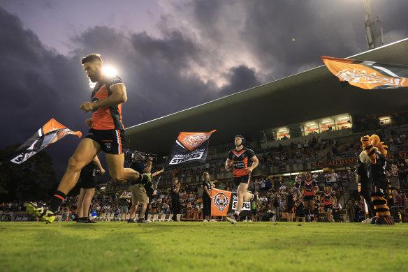 The Wests Tigers run out at Leichhardt Oval.