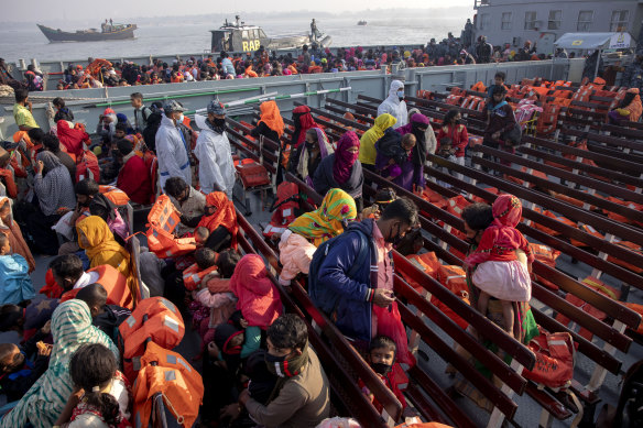 Unable to return to Myanmar for fear of persecution, these Rohingya refugees are on a Bangladesh navy vessel being moved from an overcrowded camp on the mainland to Bhasan Char island in late December.