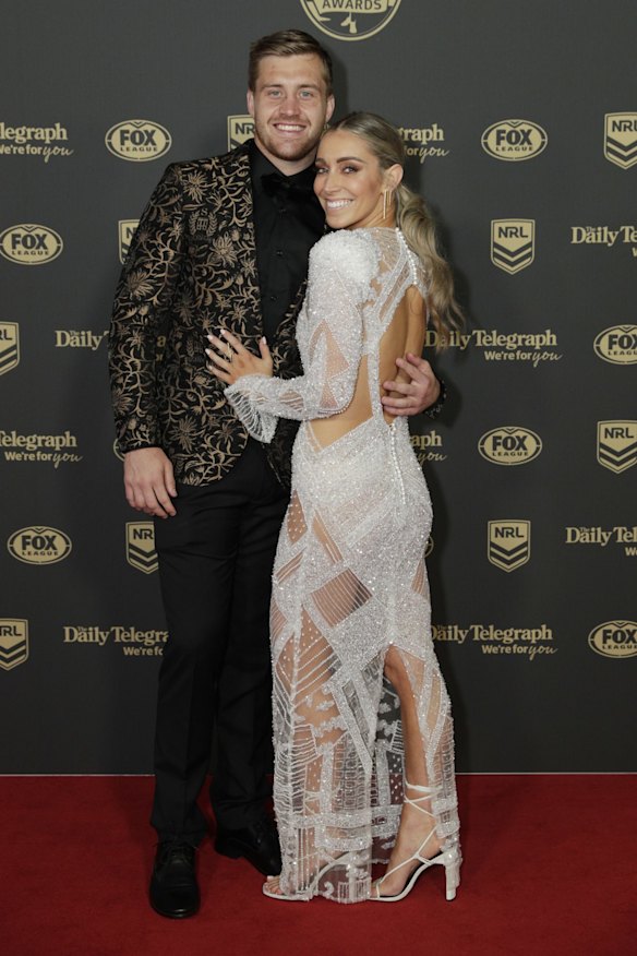 Melbourne's Cameron Munster and Bianca McMahon arrive ahead of the 2019 Dally M Awards.