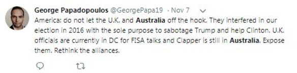 Deleted tweet from a Twitter account purportedly belonging to George Papadopoulos.