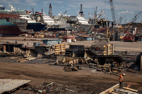 Five cruise ships are seen being broken down for scrap metal at the Aliaga ship recycling port in Izmir, Turkey. With the global coronavirus pandemic pushing the multi-billion dollar cruise industry into crisis, some cruise operators have been forced to cut losses and retire ships earlier than planned. The crisis however has bolstered the years intake of ships at the Aliaga ship recycling port with business up thirty percent on the previous year.  