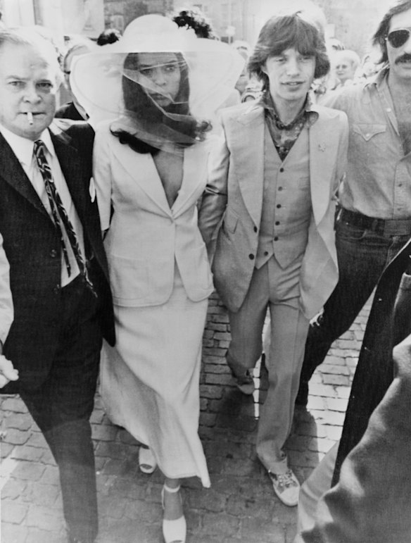 Bianca Jagger in Yves Saint Laurent at her wedding to Mick Jagger in 1971 on the French Riviera.
