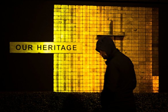 A man is seen looking at the memorial at the Doncaster RSL Club in Melbourne on April 25, 2020.