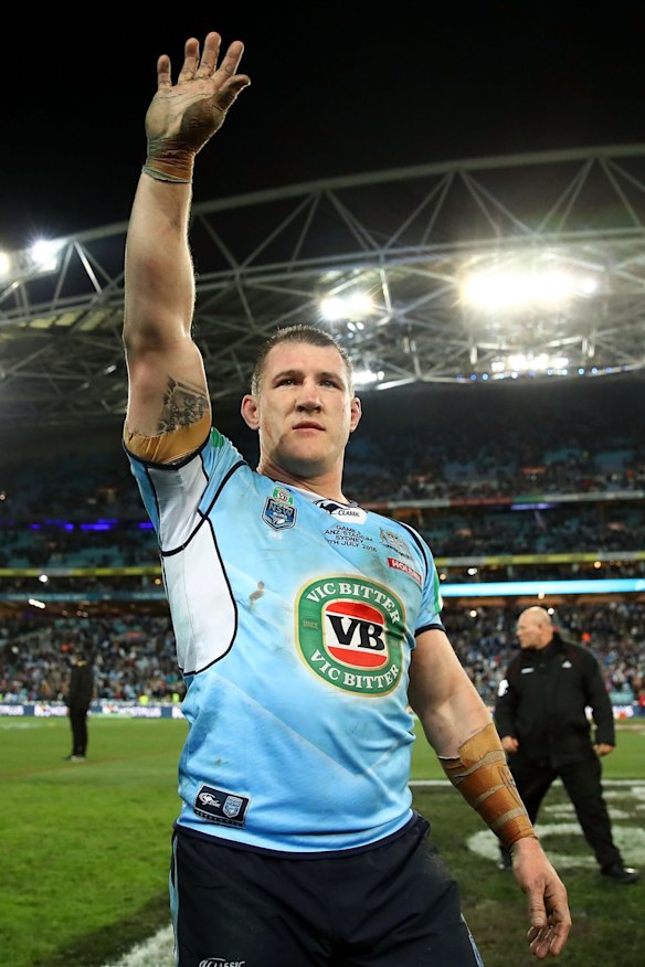 Paul Gallen of the Blues thanks the crowd after winning game three of the State Of Origin series.