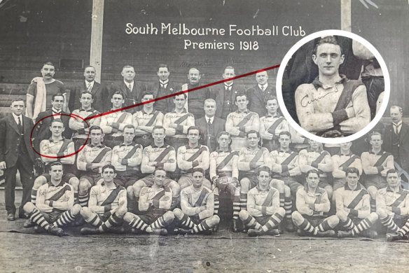 Carolyn Cummins' grandfather Frank Cummins, second row far left, in the 1918 Premiership team.