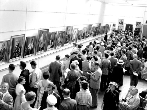 Archibald Prize entries are viewed by the public at the Art Gallery of NSW on January 20, 1957.