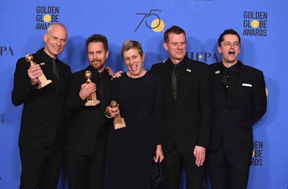 The cast and crew of <i>Three Billboards Outside Ebbing, Missouri</i> (from left: Martin McDonagh, Sam Rockwell, Frances McDormand, Graham Broadbent and Peter Czernin) with their awards.