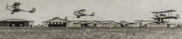Biplanes taking off at the Point Cook RAAF base in 1929.
