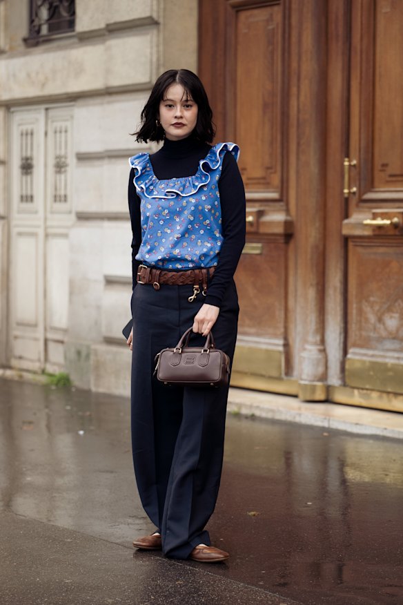 A guest outside the Miu Miu show at Paris Fashion Week.