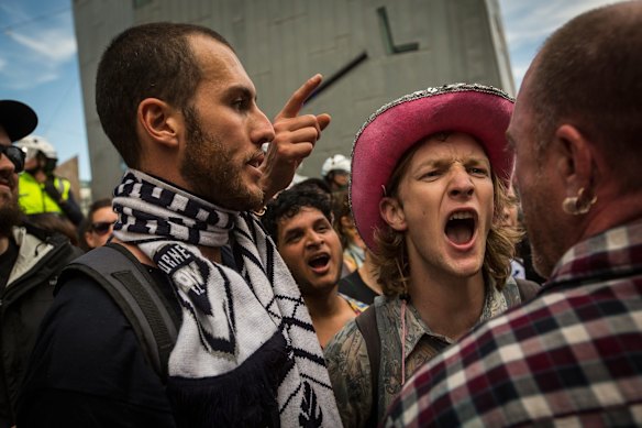Rally against racism protestors clash with Reclaim Australia protestors at Federation Square on April 4, 2015 in Melbourne, Australia.  