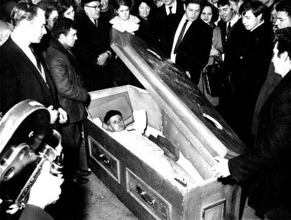 Mike Meaney at his farewell party before he was sealed into his “grave”.  February 21, 1968.