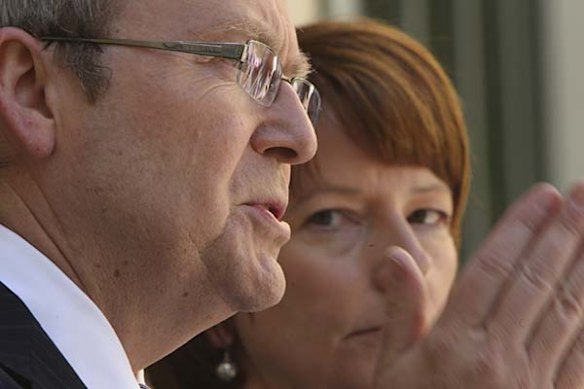 Kevin Rudd and Julia Gillard at a press conference in October 2008.