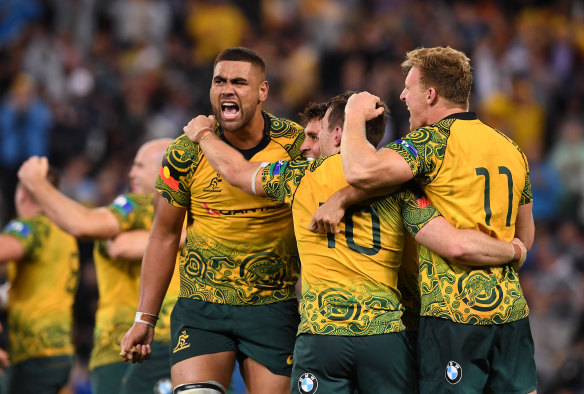 On the rise: The Wallabies celebrate their Bledisloe win at Suncorp Stadium in 2017.