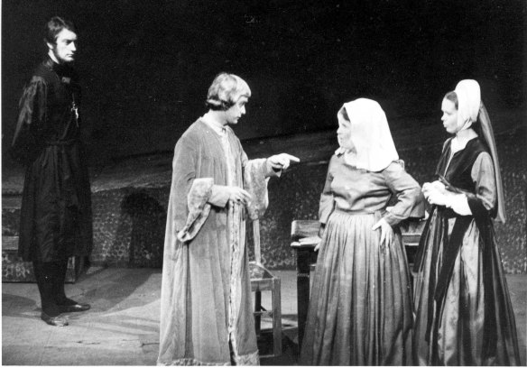 (From left) Bryan Brown, Douglas Hedge, May Pusey and Elizabeth Larkin in the Genesian’s 1970 production of A Man For All Seasons.