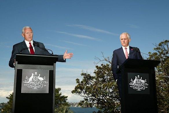 US Vice President, Mike Pence and Australian Prime Minister, Malcolm Turnbull speak during a press conference at Kirribilli House.