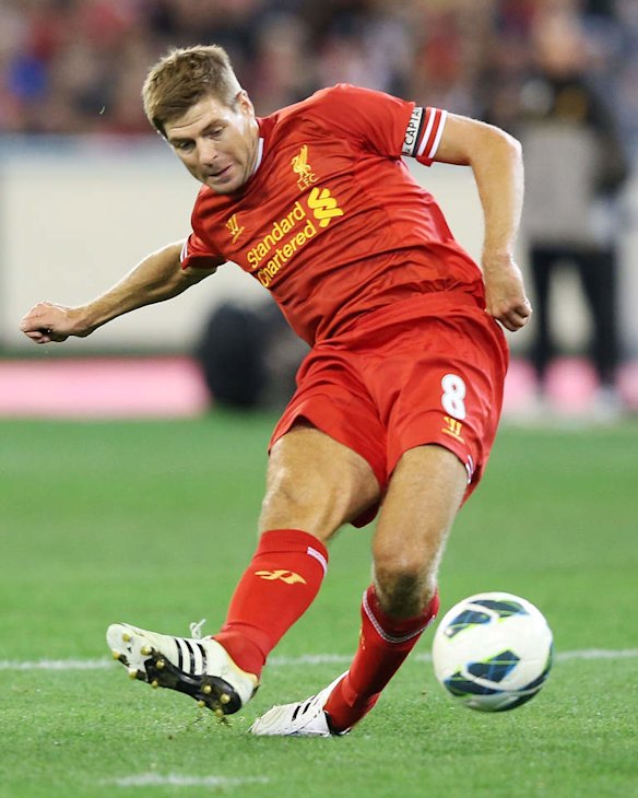 Liverpool's Steven Gerrard of scores the opening goal against Melbourne Victory.