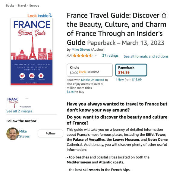 A screenshot of Mike Steves’ Paris guidebook on Amazon (which has now been removed from their website).
